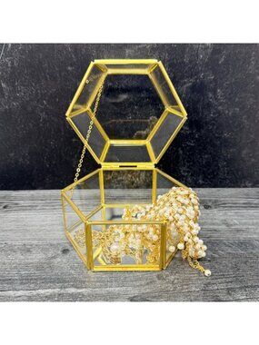 Brass & Glass Hexagon Hinged Box Casket Jewelry Display Box Vintage Style